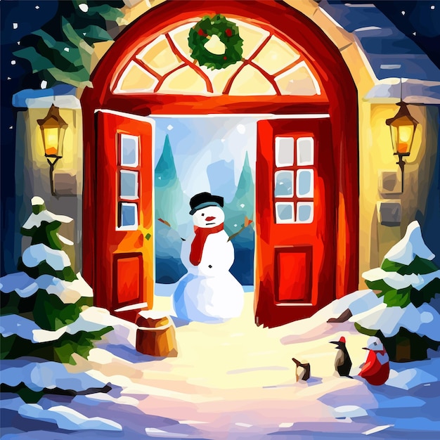 Happy snowman is standing in the door merry christmas happy new year greeting card vector