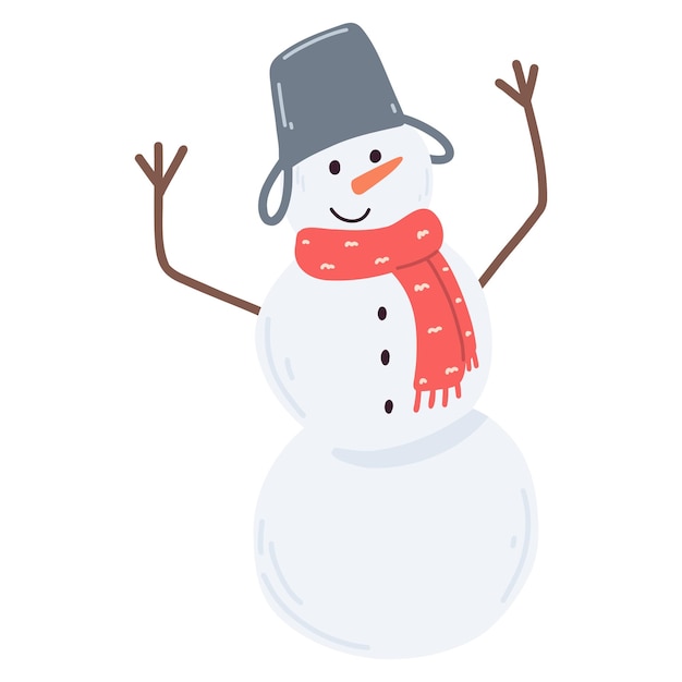 Happy snowman wearing hat and scarf in cartoon hand drawn style Vector illustration of cute winter character