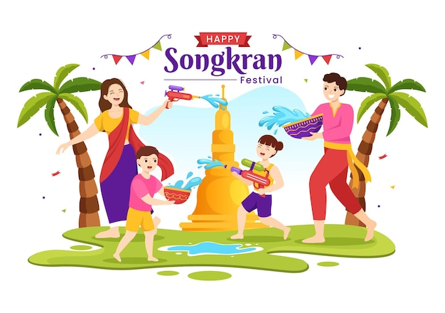 Happy Songkran Festival Day Illustration with Playing Water Gun in Thailand in Cartoon Hand Drawn