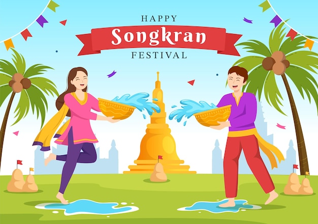 Happy Songkran Festival Day Illustration with Playing Water Gun in Thailand in Cartoon Hand Drawn