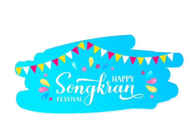 Vector happy songkran festival kalligrafie handlettering met kleurrijke waterdruppels thailand feest viering typografie poster vector sjabloon voor banner flyer sticker groetekaartje enz