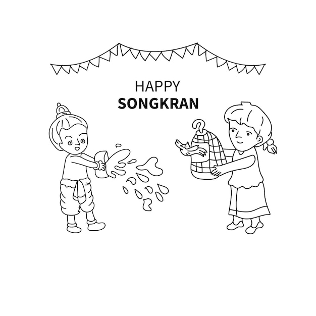 happy songkran festival line art