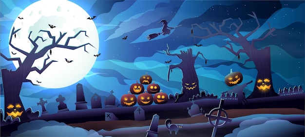 Happy spooky halloween night banner or party invitation on black blue background