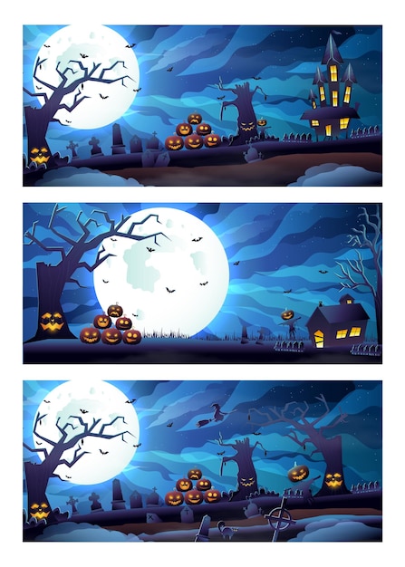 Happy spooky halloween night banner or party invitation on black blue background