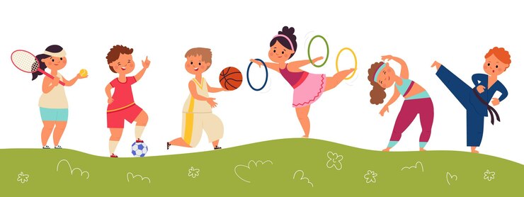 Вектор счастливые дети спорта. детская команда, счастливый ребенок и футбольный мяч. изолированные на открытом воздухе спортивные персонажи, маленький мальчик девочка поле достойный вектор баннер. мальчик и девочка занимаются спортом, футболом или футбольной иллюстрацией