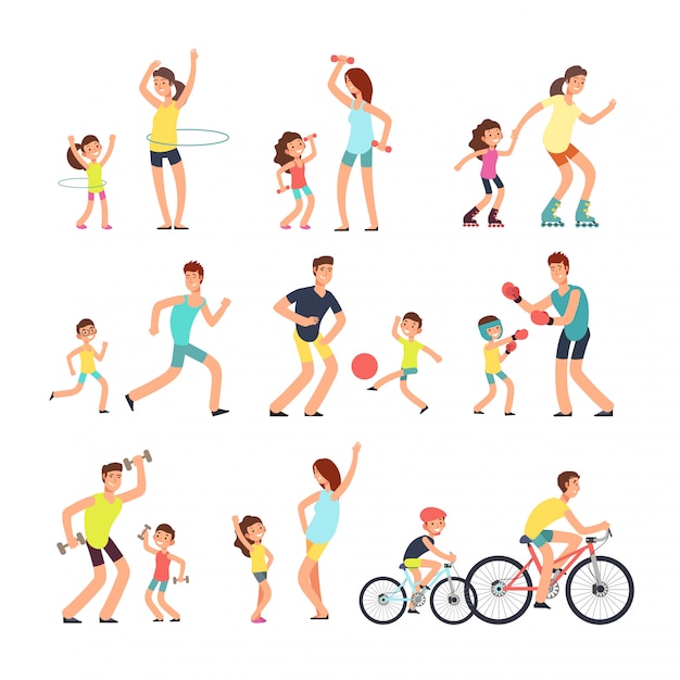 Vector happy sport family. mom, dad with kids doing sports exercises outdoor.