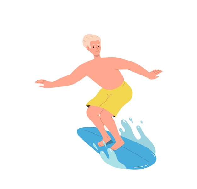 Happy sportsman surfing on board catching and breaking sea or ocean waves vector illustration