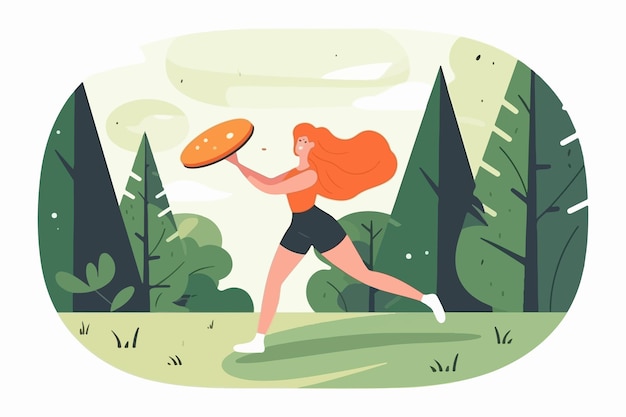 여름 동안 공원에서 프리스비를 가지고 노는 행복한 스포티한 소녀가 숲에서 활발한 게임을 즐기고 있습니다. 삽화는 스포츠와 휴식의 조합을 보여줍니다 벡터