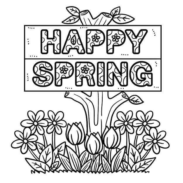 Happy Spring Banner Isolated Coloring Page