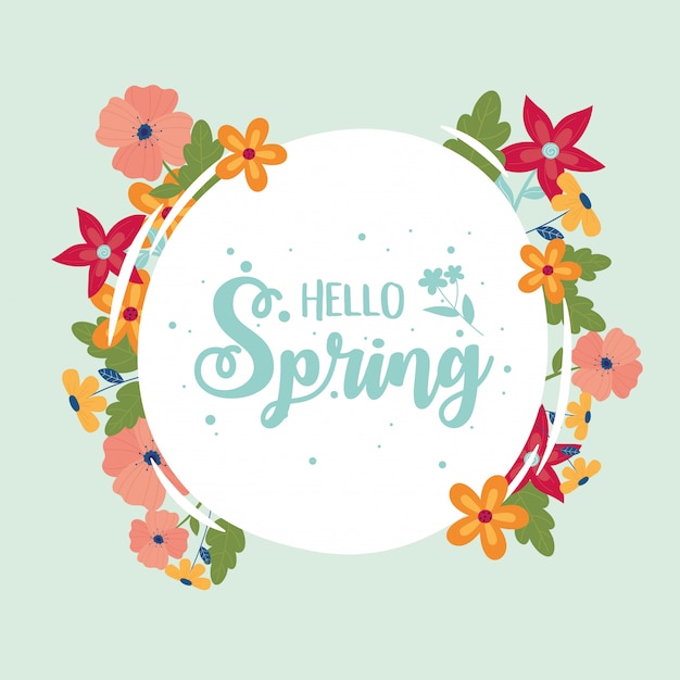 Vector happy spring round lettering flowers border decoration card