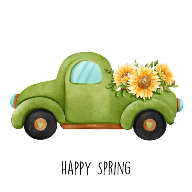 Happy Spring with sunflower truck Vector illustration