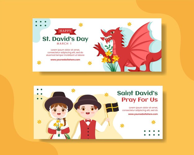 Happy St David39s Day Горизонтальный баннер Плоский мультяшный рисованной шаблоны Фоновая иллюстрация