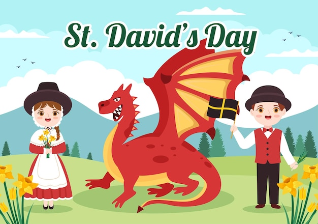 Happy St Davids Day on March 1 Illustration with Dragon and Yellow Daffodil in Hand Drawn Templates