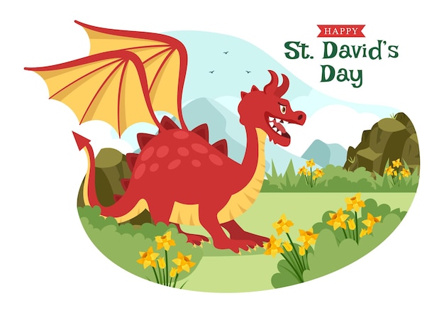 Happy st davids day on march 1 illustration with dragon and yellow daffodil in hand drawn templates