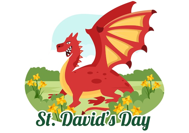 Happy St Davids Day op 1 maart illustratie met draak en gele narcis in handgetekende sjablonen