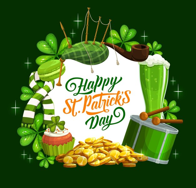 Vettore happy st patrick day banner cornamuse irlandesi