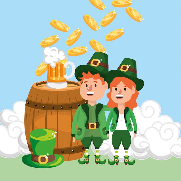 Happy st patrick man and woman with coins inside barrel