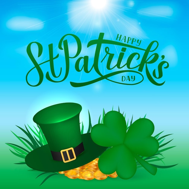 Happy St Patrick s dag kalligrafie hand belettering Leprechaun s hoed klaver en gouden munten Saint Patricks dag wenskaart partij uitnodiging banner poster flyer vectorillustratie