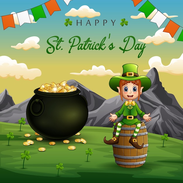 Happy st patrick's day background with a leprechaun sitting on barrel