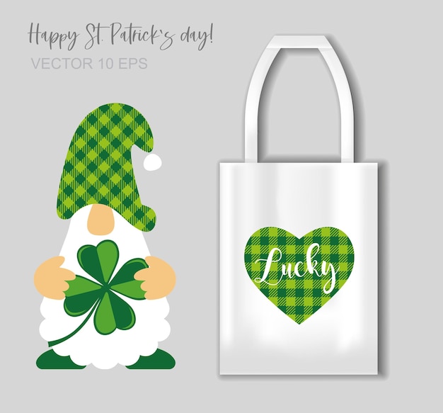Happy st Patrick's day belettering met hart en kabouter Illustratie met tote bag mockup