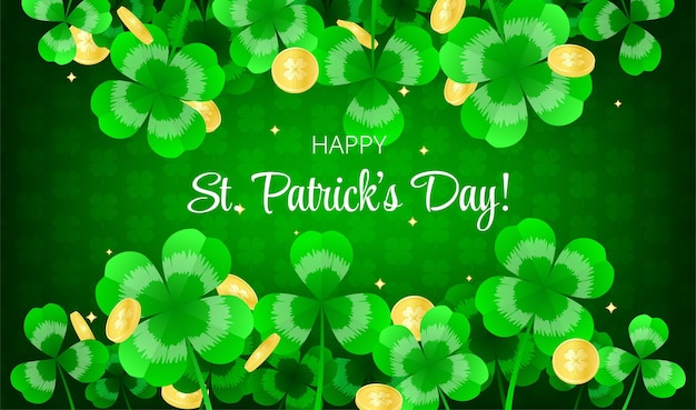 Happy St. Patrick's day greeting banner card template with shamrock. Clover leaves and golden coins