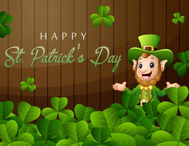 Happy St Patrick's Day greeting with leprechaun and green leaves