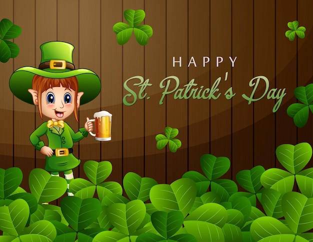 Happy st patrick's day greeting with leprechaun holding a glass of beer