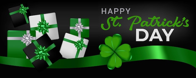 Happy st patrick's day holiday greeting card celebration black gift boxes shamrock green bows