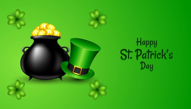 Happy st. patrick's day met realistische green hat en shamrock clover, zwarte pot met gouden munten op groen