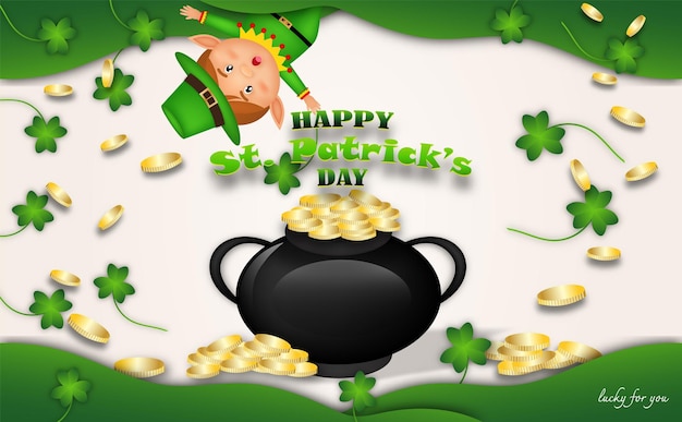 Happy St Patrick's Day with cauldron coins clovers and hat to event of vector illustration