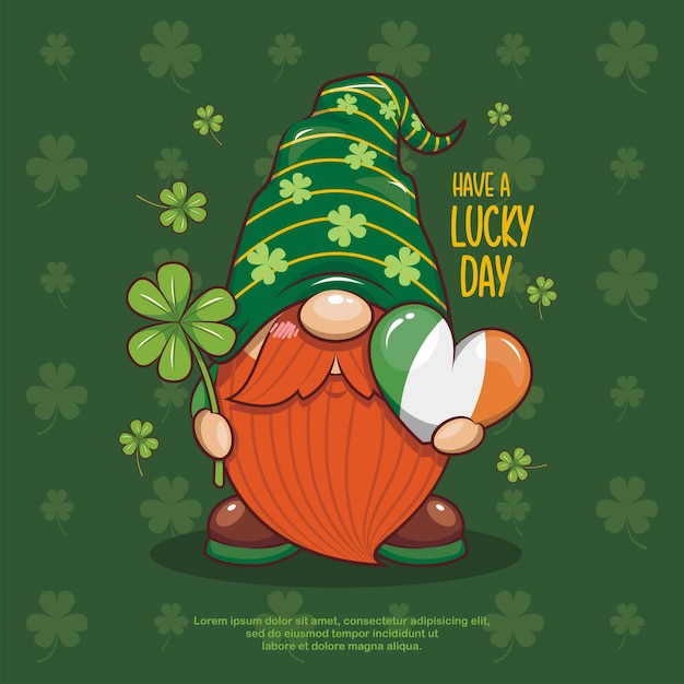 Happy st. patrick's day with cute gnome, shamrock and irish heart