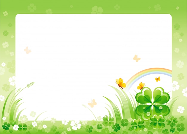 Счастливый день святого патрика с зеленой рамкой трилистника, радугой и бабочками.