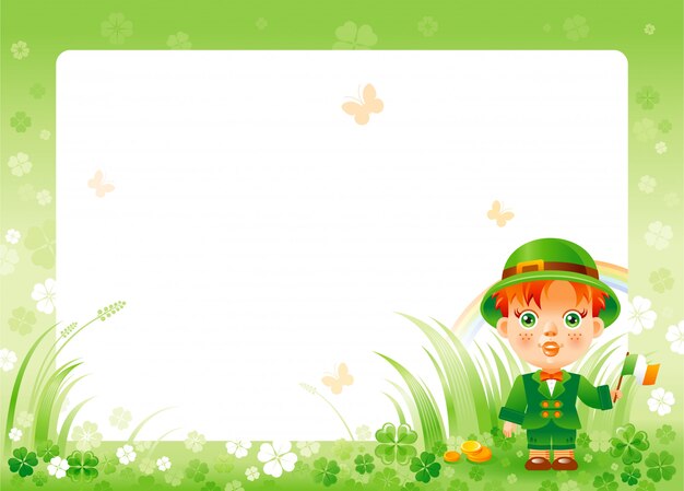 Счастливый день святого патрика с зеленой клеверной рамкой трилистника, радугой и милым мальчиком в национальном ирландском костюме.