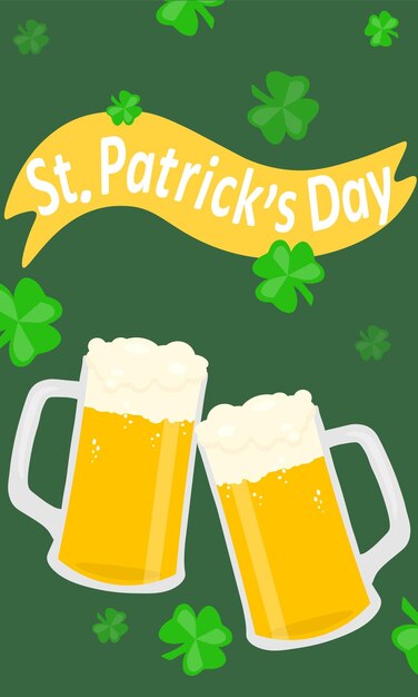 緑の背景のベクトル図にビール ラッキー クローバーと幸せな聖パトリックの日カード