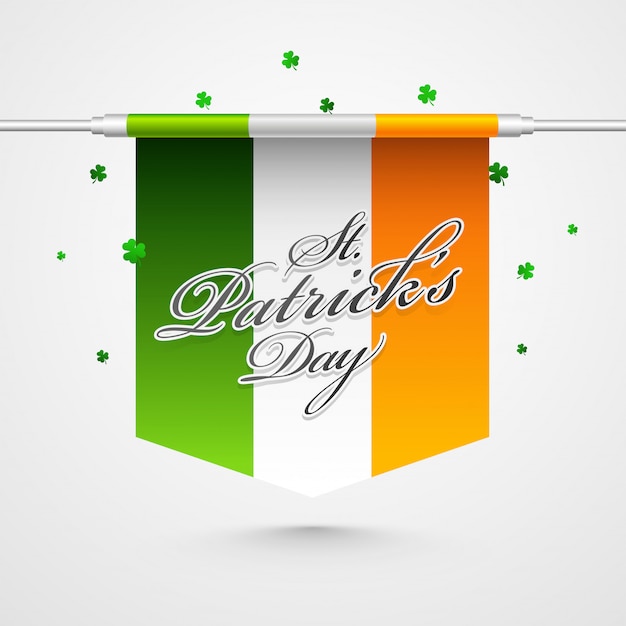 Vector happy st. patricks day card with ireland flag and shamrock leaves on white