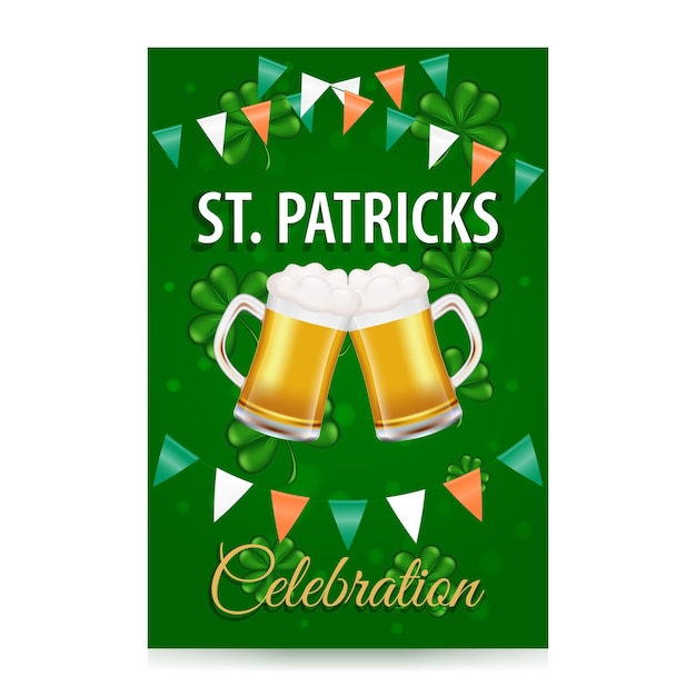 Happy St. Patricks Day celebration poster. Background with beer and flags. Beer festival.