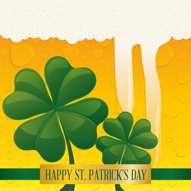 Happy st patricks day clover with bubbles beer background