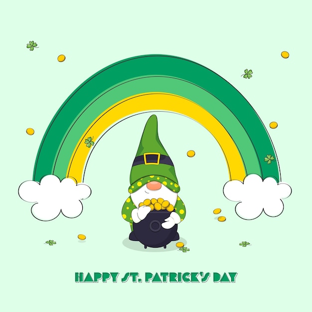 Happy st patricks day font with cartoon gnome holding cauldron of coins in leprechaun dress and rainbow on pastel green background