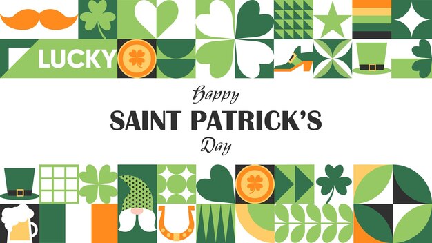 Vector happy st patricks day geometric abstract background with a leprechaun hat clover gold coins