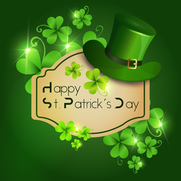 Vector happy st. patricks day greeting card or decoration poster for holiday with leprechaun hat on green background