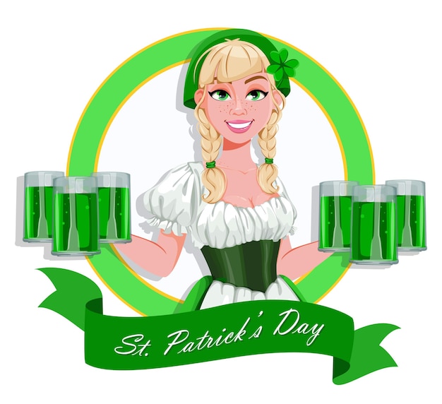 Vector happy st patricks day greeting card. young girl holding six pints of ale