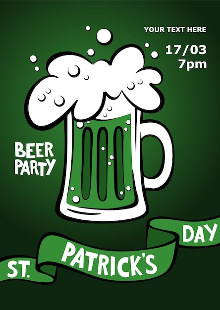 Happy St Patricks Day greeting  Illustration of a beer mug with lettering St Patricks Day Vector illustration Beer party Green beer illustration