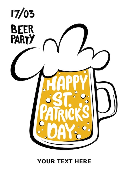 Happy St Patricks Day-groet Belettering happy St Patricks Day ingeschreven in een biertje Vectorillustratie Bierfeest Illustratie van een bierpul