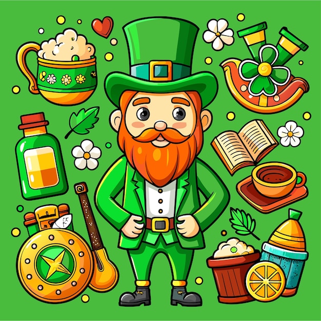 Vector happy st patricks day handgetekende mascotte cartoon personage sticker icoon concept geïsoleerde illustratie