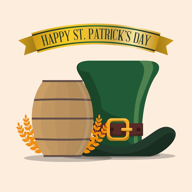 Vector happy st patricks day hat wooden barrel and wheat