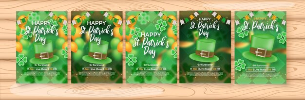 Happy St Patricks Day party flyer sjabloon met gouden lint hoed en confetti