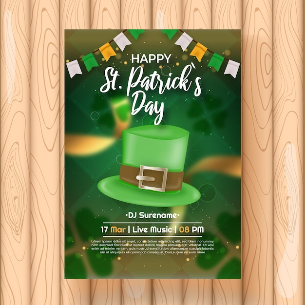 Vector happy st patricks day party flyer template with golden ribbon hat and confetti