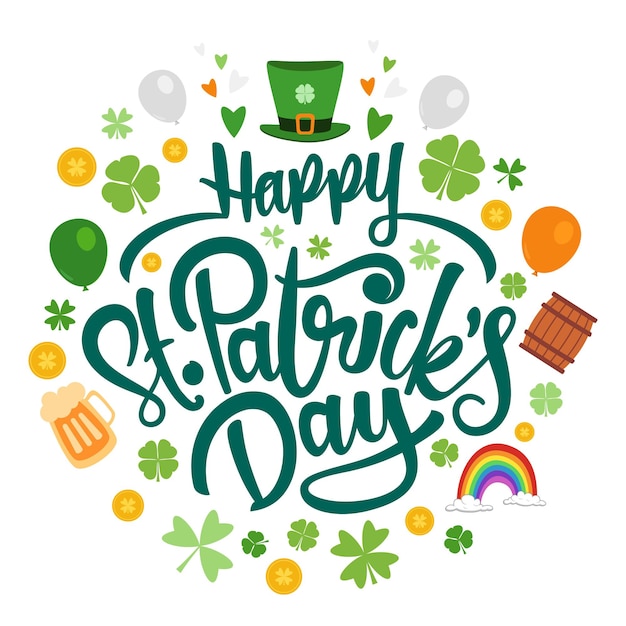 happy st patricks day text calligraphy with st patricks hat drink shamrock and clover leaves etc