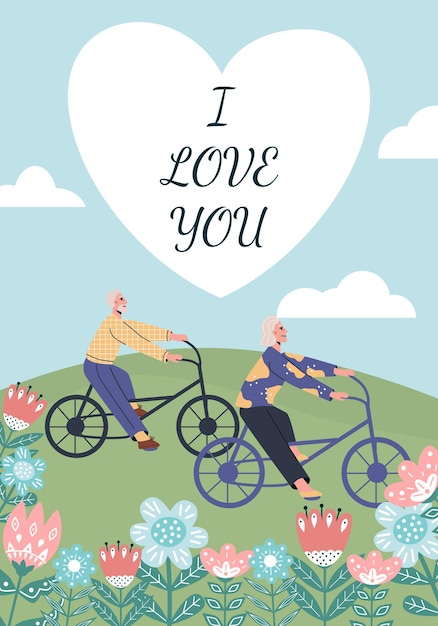 Happy st valentine day 14th february postcard with cute senior couple flat vector illustration