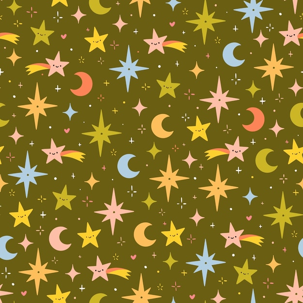 Vector happy stars seamless pattern on green sky